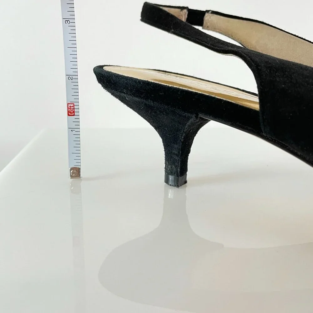 Minimalist | Michael Kors Black Suede Kitten Heel | Feminine Bow Gold Detail 9.5